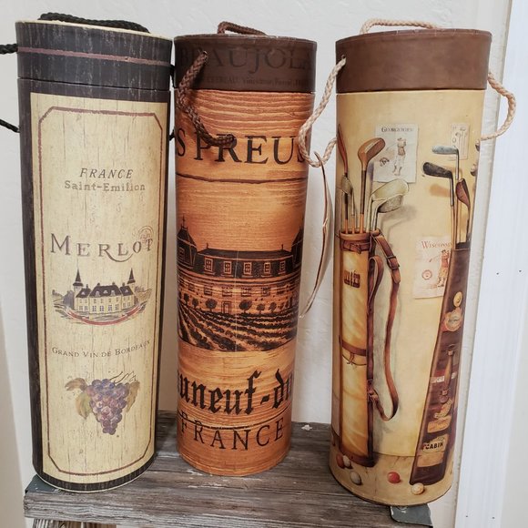Wine Bottle Gift Box Tube Golf, France, & Merlot Décor 13" Tall x 4" Set - Picture 2 of 11